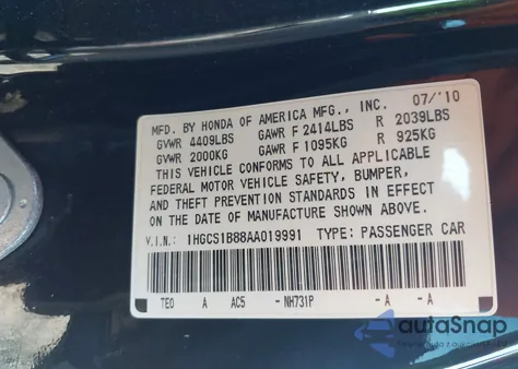 2010 Honda Accord 2.4 Ex-L из США, поврежденный, VIN 1HGCS1B88AA019991